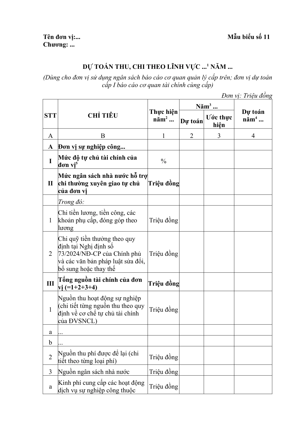 MẪU DỰ TOÁN THU, CHI THEO LĨNH VỰC (DÙNG CHO ĐƠN VỊ SỬ DỤNG NGÂN SÁCH BÁO CÁO CƠ QUAN QUẢN LÝ CẤP TRÊN; ĐƠN VỊ DỰ TOÁN CẤP I BÁO CÁO CƠ QUAN TÀI CHÍNH CÙNG CẤP)