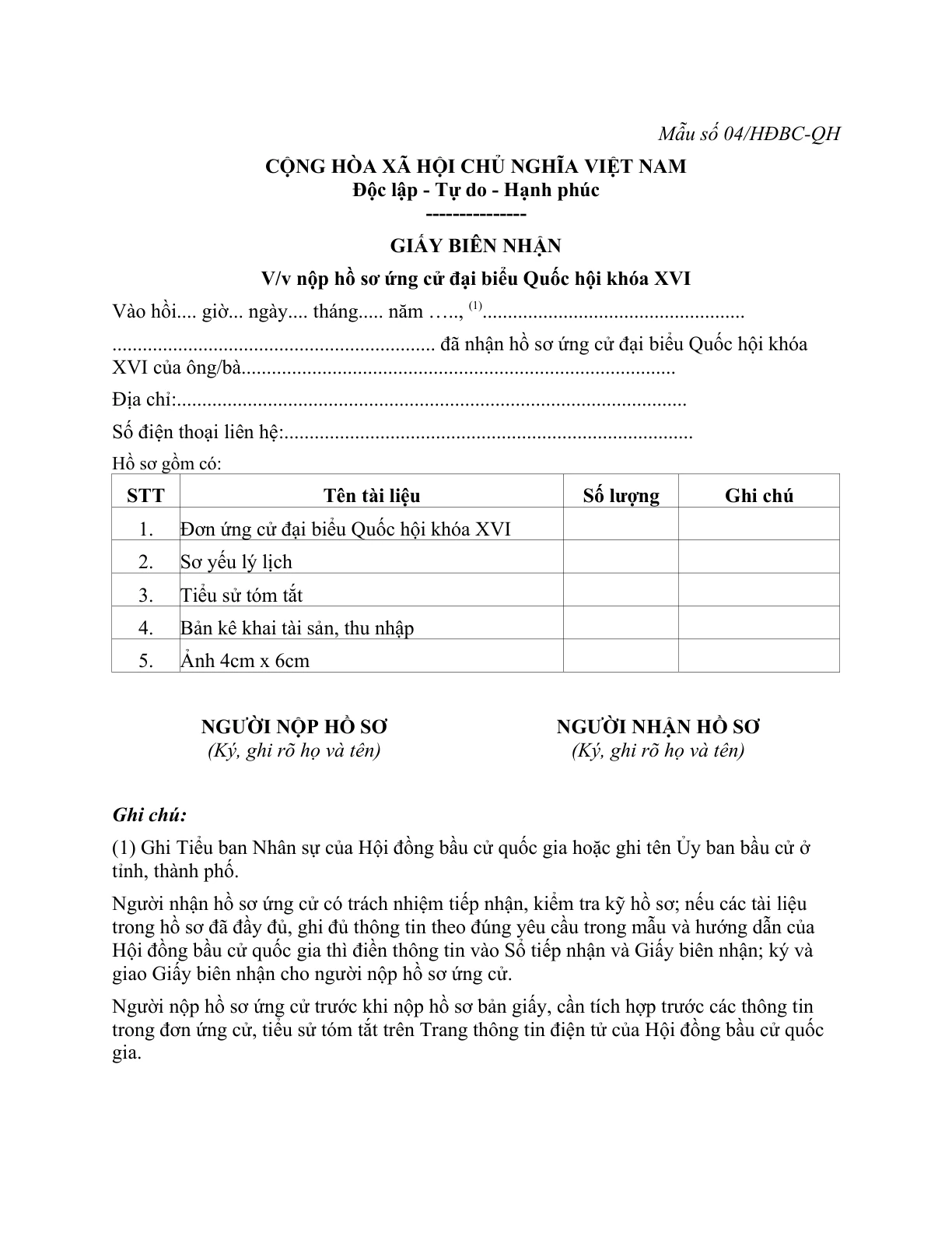 MẪU GIẤY BIÊN NHẬN VỀ VIỆC NỘP HỒ SƠ ỨNG CỬ ĐẠI BIỂU QUỐC HỘI KHÓA XVI