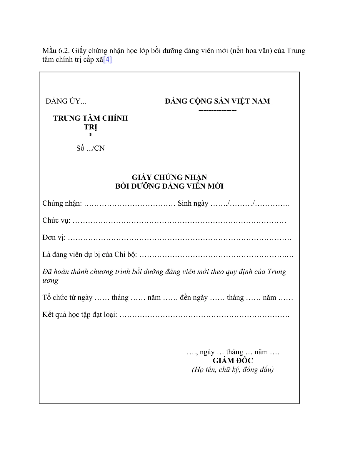 MẪU GIẤY CHỨNG NHẬN HỌC LỚP BỒI DƯỠNG ĐẢNG VIÊN MỚI (NỀN HOA VĂN) CỦA TRUNG TÂM CHÍNH TRỊ CẤP XÃ