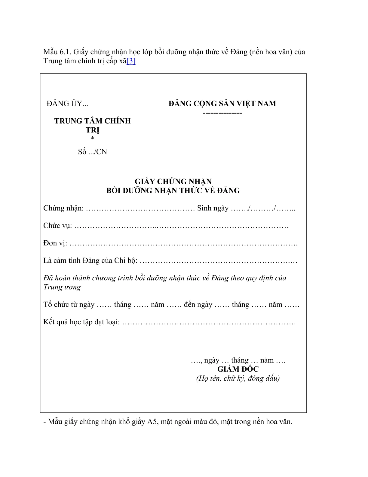 MẪU GIẤY CHỨNG NHẬN HỌC LỚP BỒI DƯỠNG NHẬN THỨC VỀ ĐẢNG (NỀN HOA VĂN) CỦA TRUNG TÂM CHÍNH TRỊ CẤP XÃ