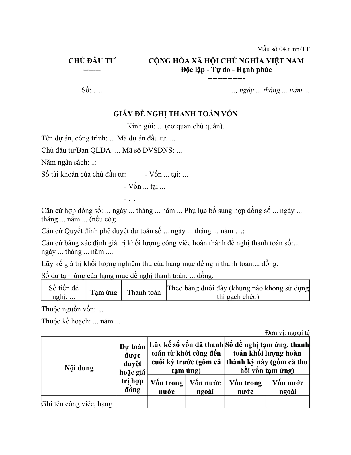 MẪU GIẤY ĐỀ NGHỊ THANH TOÁN VỐN (ÁP DỤNG ĐỐI VỚI DỰ ÁN ĐẦU TƯ CÔNG TẠI NƯỚC NGOÀI)