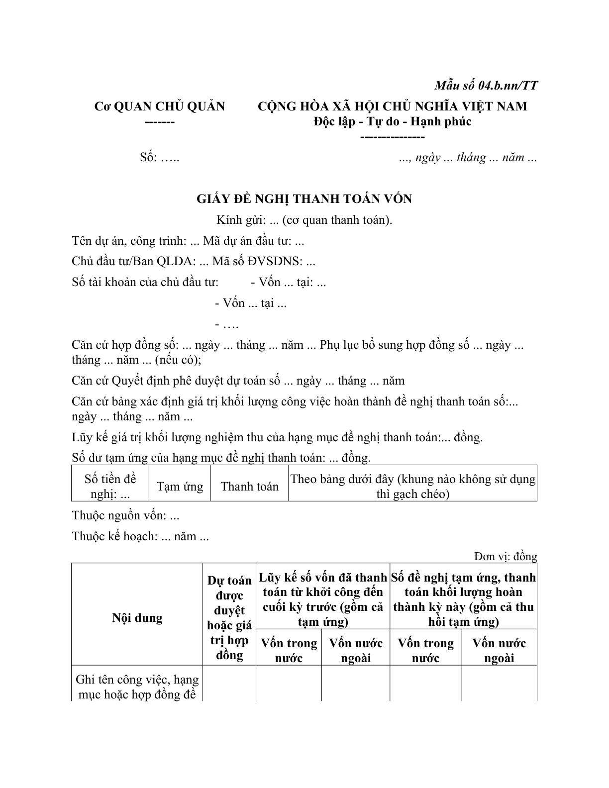 MẪU GIẤY ĐỀ NGHỊ THANH TOÁN VỐN CỦA CƠ QUAN CHỦ QUẢN (ÁP DỤNG ĐỐI VỚI DỰ ÁN ĐẦU TƯ CÔNG TẠI NƯỚC NGOÀI)