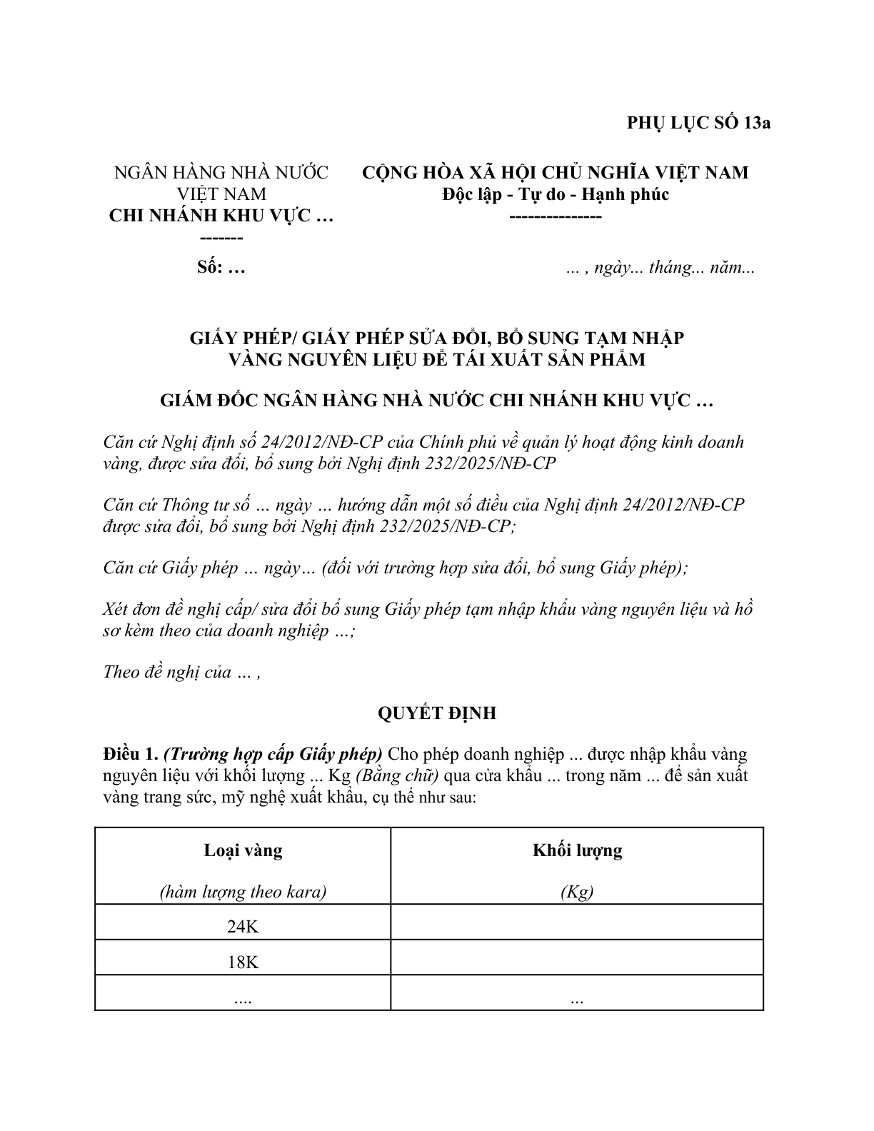 MẪU GIẤY PHÉP/GIẤY PHÉP SỬA ĐỔI, BỔ SUNG TẠM NHẬP VÀNG NGUYÊN LIỆU ĐỂ TÁI XUẤT SẢN PHẨM