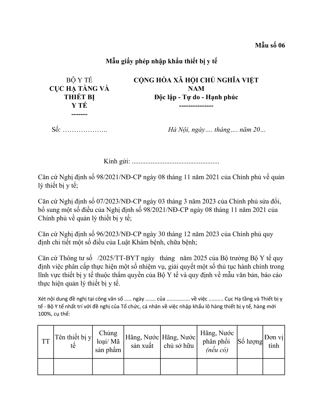 MẪU GIẤY PHÉP NHẬP KHẨU THIẾT BỊ Y TẾ