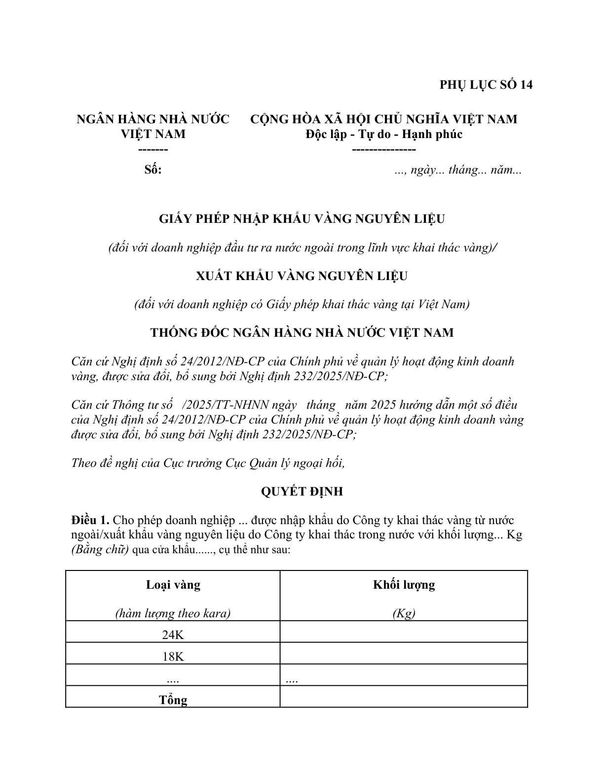MẪU GIẤY PHÉP NHẬP KHẨU VÀNG NGUYÊN LIỆU/XUẤT KHẨU VÀNG NGUYÊN LIỆU