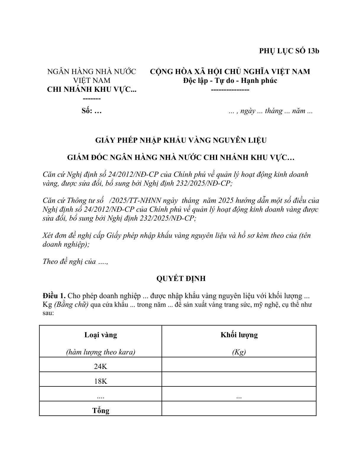MẪU GIẤY PHÉP NHẬP KHẨU VÀNG NGUYÊN LIỆU