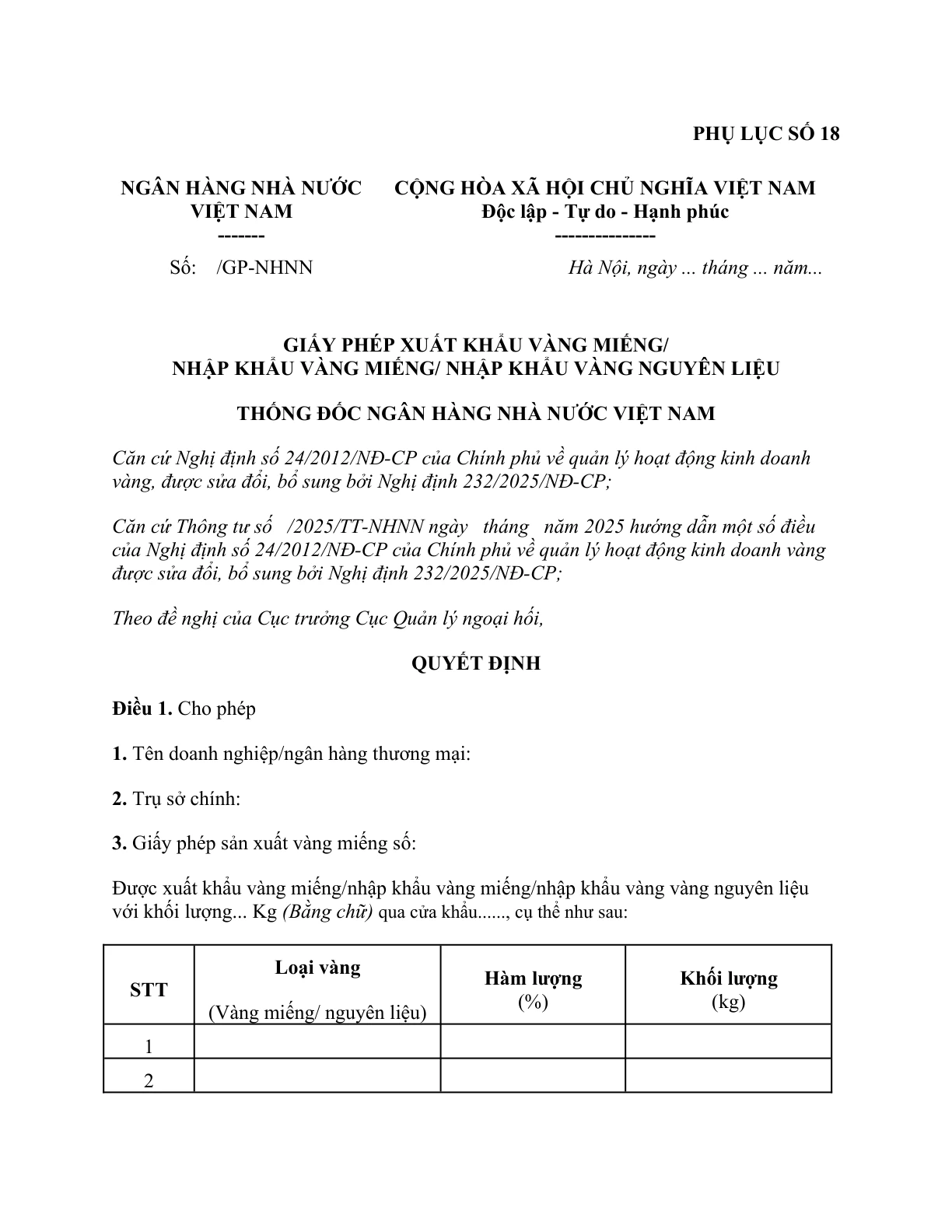 MẪU GIẤY PHÉP XUẤT KHẨU VÀNG MIẾNG/NHẬP KHẨU VÀNG MIẾNG/ NHẬP KHẨU VÀNG NGUYÊN LIỆU