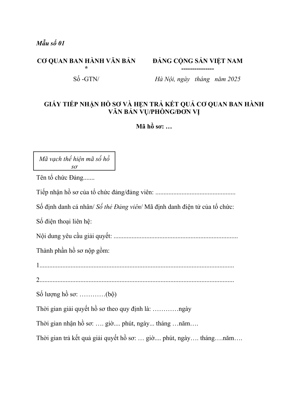 MẪU GIẤY TIẾP NHẬN HỒ SƠ VÀ HẸN TRẢ KẾT QUẢ CƠ QUAN BAN HÀNH VĂN BẢN VỤ/PHÒNG/ĐƠN VỊ CỦA ĐẢNG