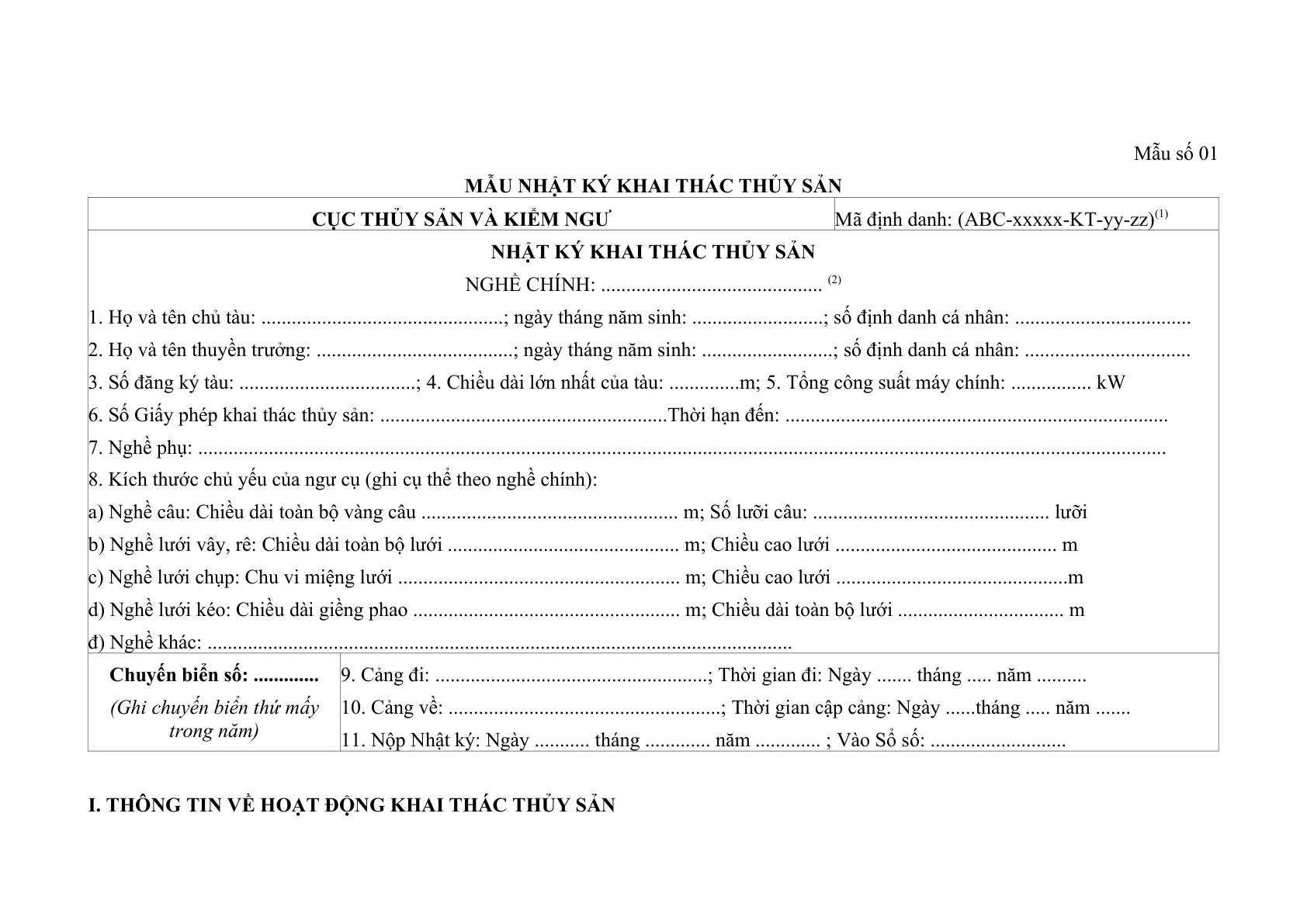 MẪU NHẬT KÝ KHAI THÁC THỦY SẢN