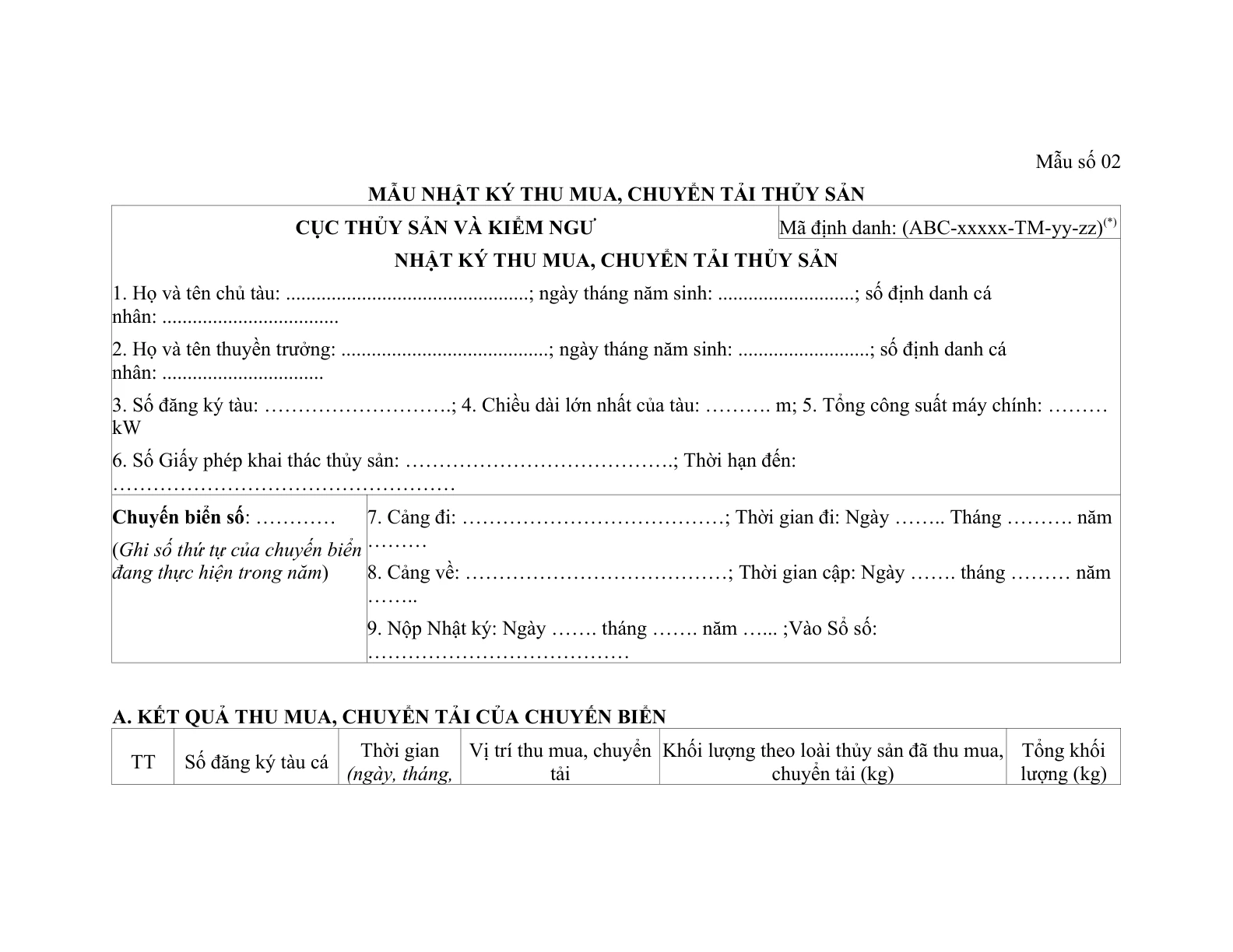 MẪU NHẬT KÝ THU MUA, CHUYỂN TẢI THỦY SẢN