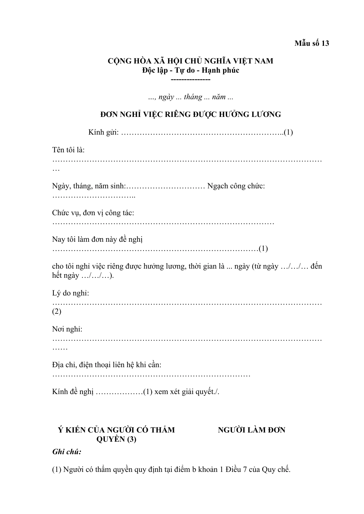 MẪU ĐƠN NGHỈ VIỆC RIÊNG ĐƯỢC HƯỞNG LƯƠNG ĐỐI VỚI CÔNG CHỨC, VIÊN CHỨC VÀ NGƯỜI LAO ĐỘNG THUỘC THANH TRA CHÍNH PHỦ