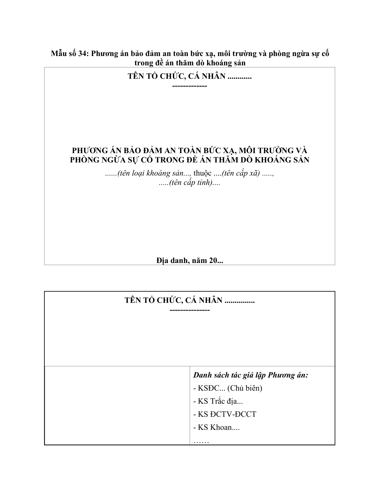 MẪU PHƯƠNG ÁN BẢO ĐẢM AN TOÀN BỨC XẠ, MÔI TRƯỜNG VÀ PHÒNG NGỪA SỰ CỐ TRONG ĐỀ ÁN THĂM DÒ KHOÁNG SẢN