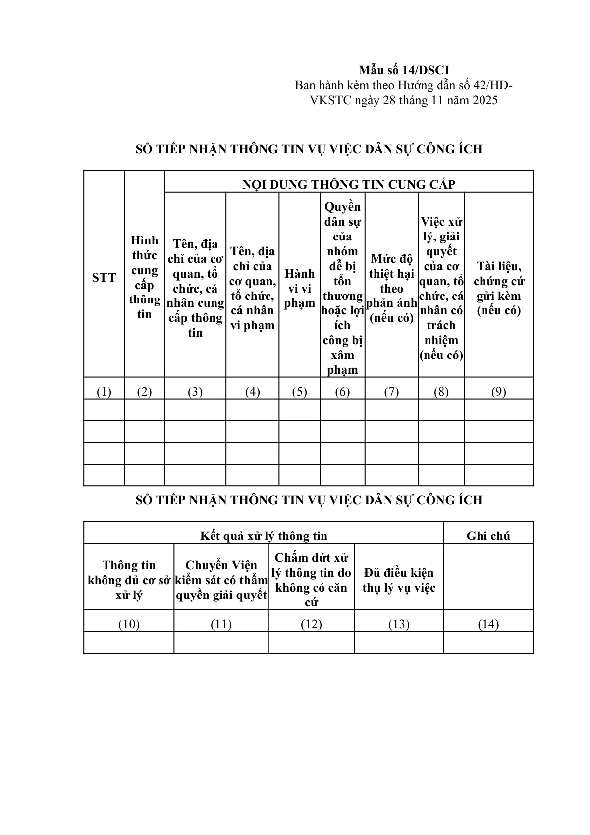 MẪU SỔ TIẾP NHẬN THÔNG TIN VỤ VIỆC DÂN SỰ CÔNG ÍCH