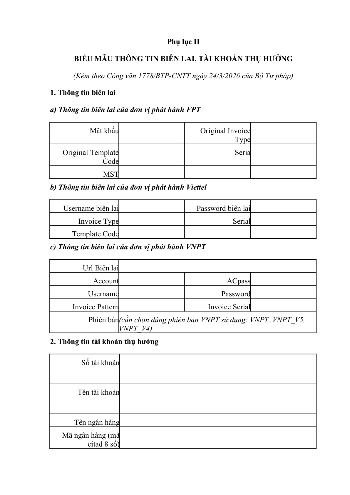 MẪU THÔNG TIN BIÊN LAI, TÀI KHOẢN THỤ HƯỞNG TỪNG NHÀ CUNG CẤP DỊCH VỤ CỦA BỘ TƯ PHÁP