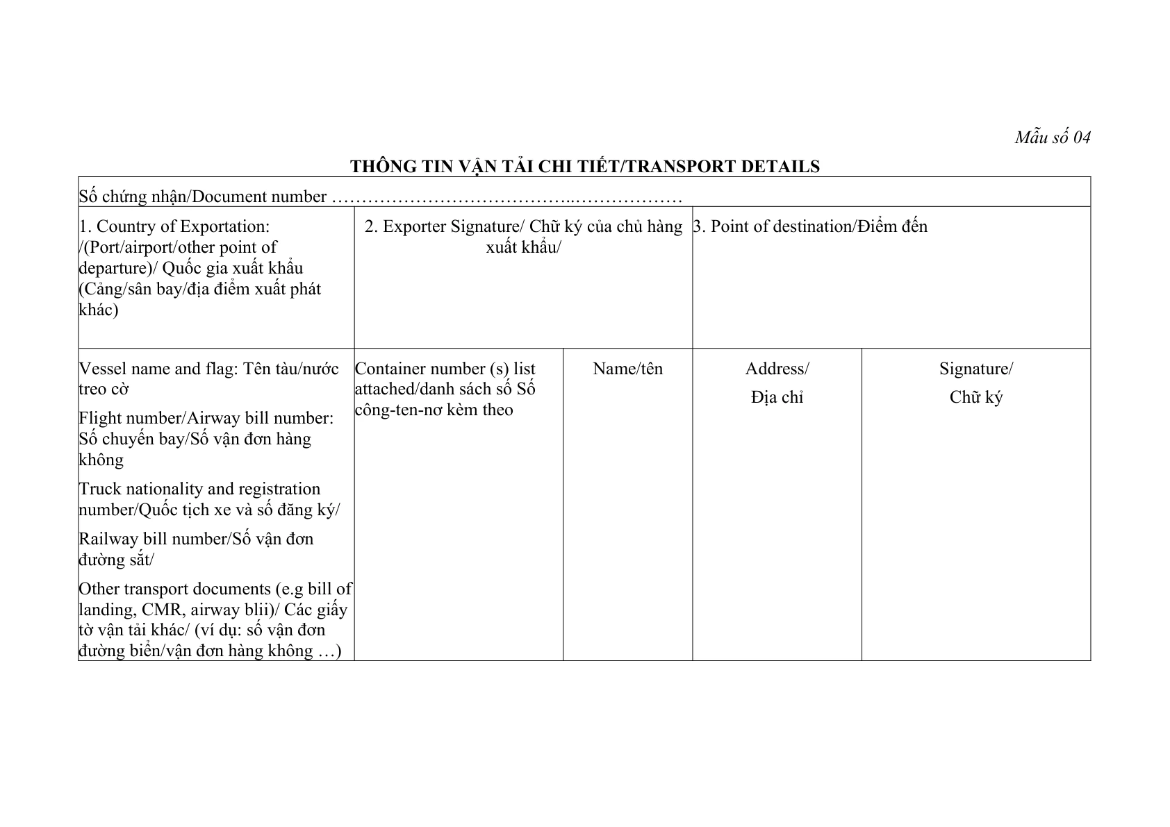 MẪU THÔNG TIN VẬN TẢI CHI TIẾT