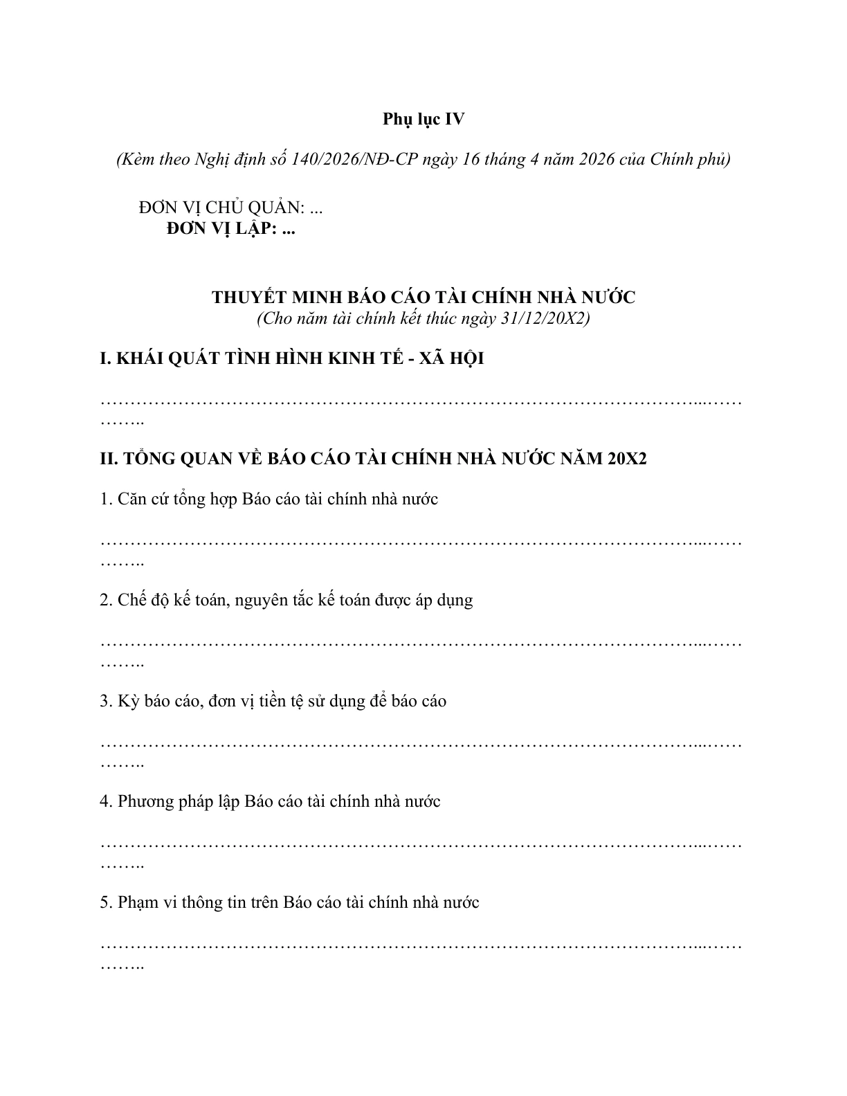 MẪU THUYẾT MINH BÁO CÁO TÀI CHÍNH NHÀ NƯỚC (CHO NĂM TÀI CHÍNH KẾT THÚC NGÀY 31/12/20X2)