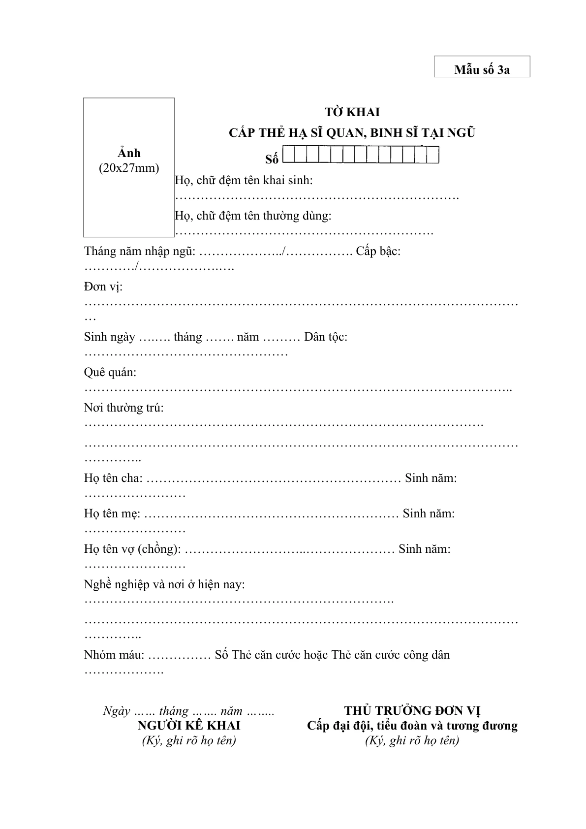 MẪU TỜ KHAI CẤP THẺ HẠ SĨ QUAN, BINH SĨ TẠI NGŨ