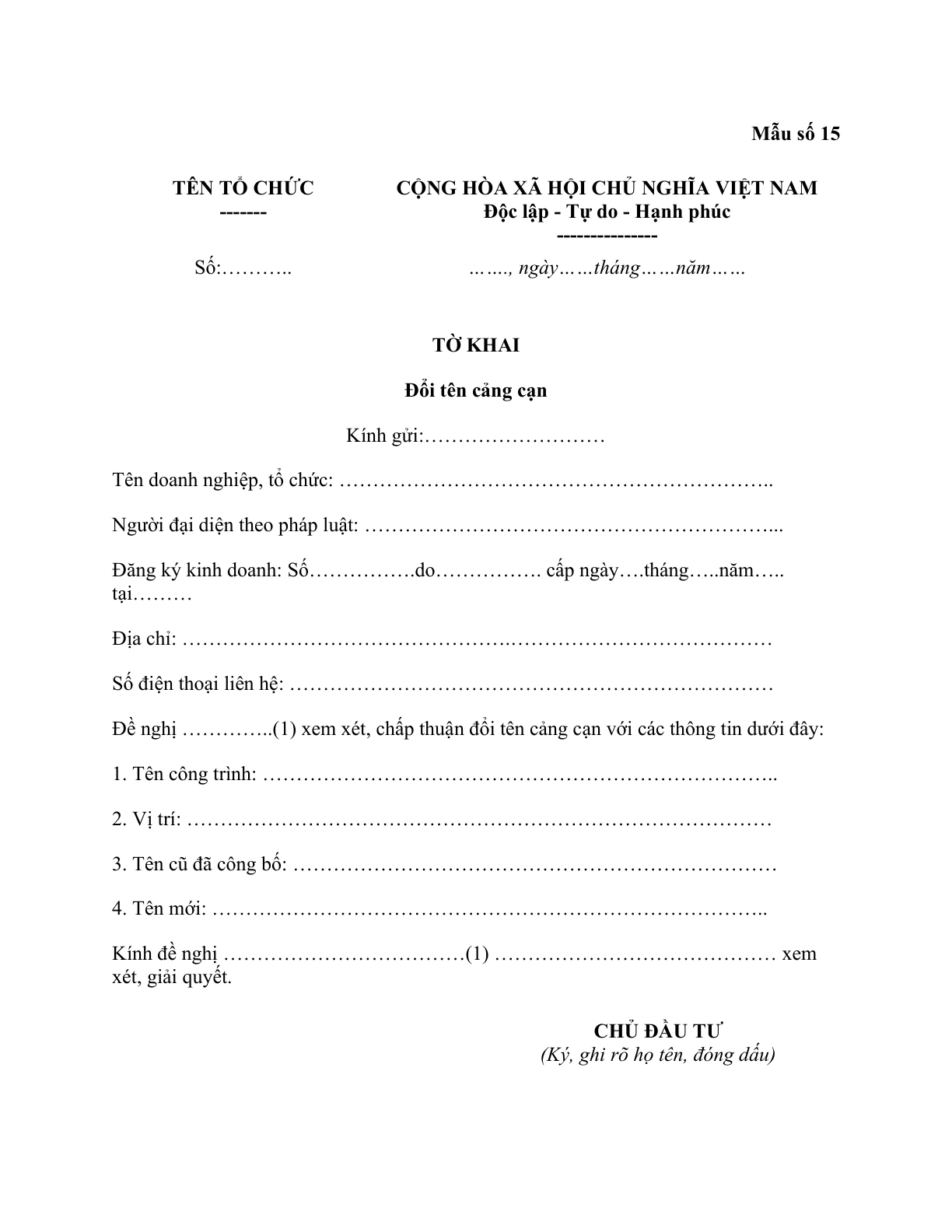 MẪU TỜ KHAI ĐỔI TÊN CẢNG CẠN
