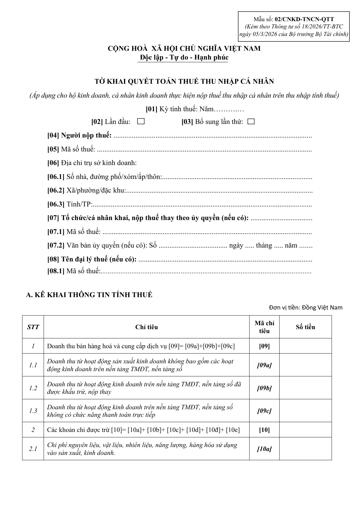 MẪU TỜ KHAI QUYẾT TOÁN THUẾ THU NHẬP CÁ NHÂN (ÁP DỤNG CHO HỘ KINH DOANH, CÁ NHÂN KINH DOANH)