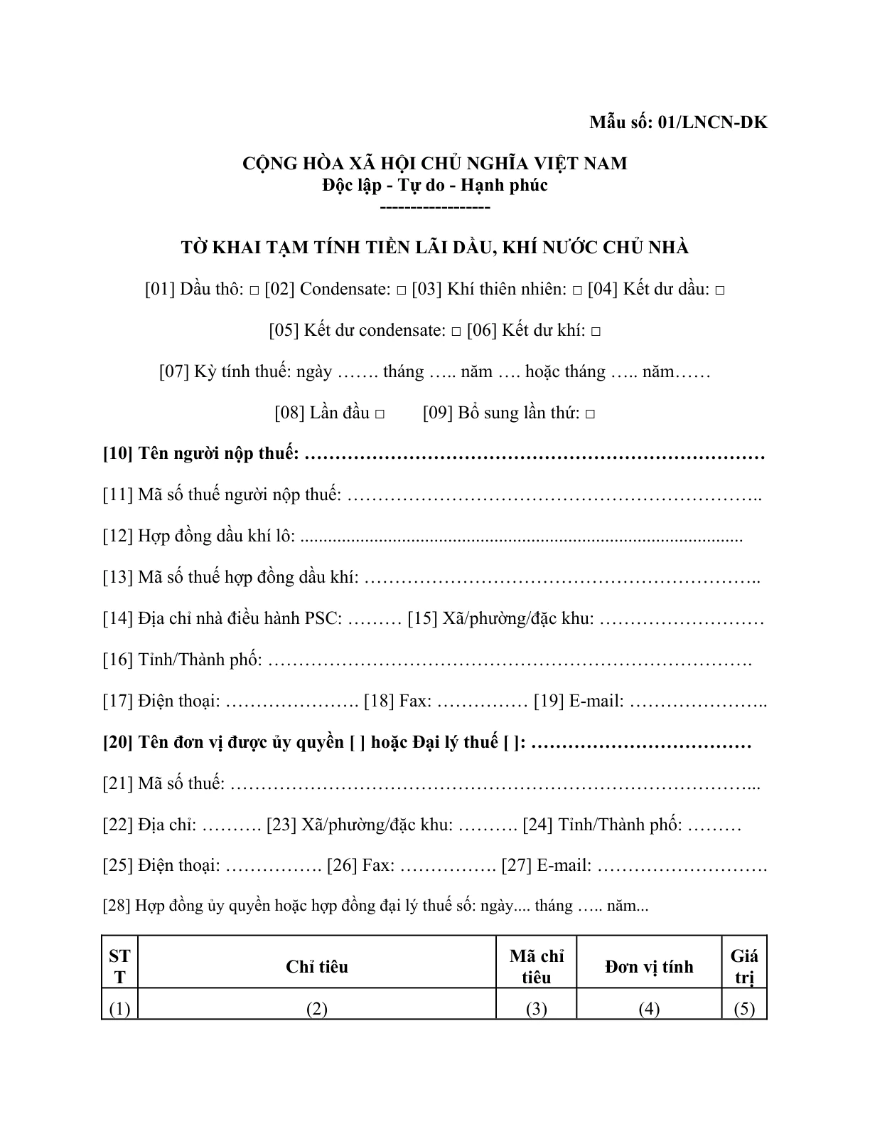 MẪU TỜ KHAI TẠM TÍNH TIỀN LÃI DẦU, KHÍ NƯỚC CHỦ NHÀ