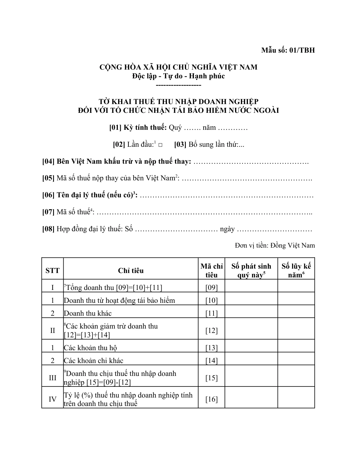 MẪU TỜ KHAI THUẾ THU NHẬP DOANH NGHIỆP ĐỐI VỚI TỔ CHỨC NHẬN TÁI BẢO HIỂM NƯỚC NGOÀI