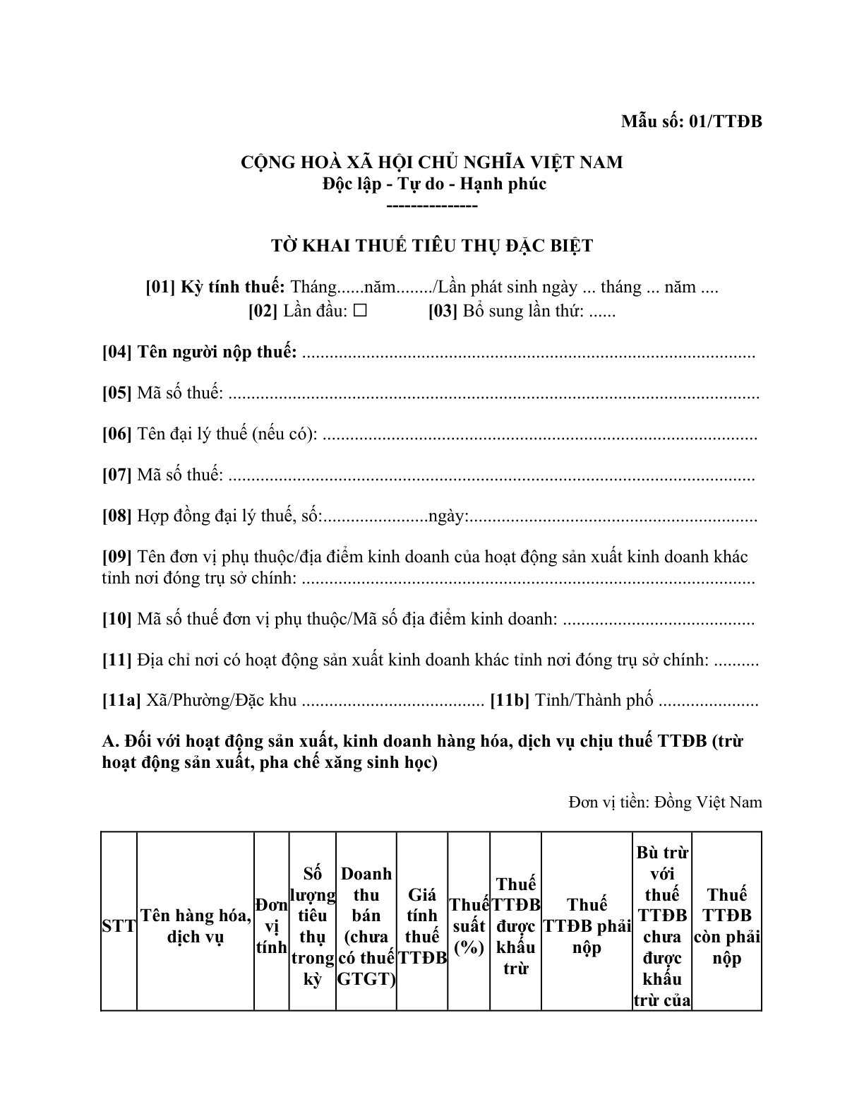 MẪU TỜ KHAI THUẾ TIÊU THỤ ĐẶC BIỆT