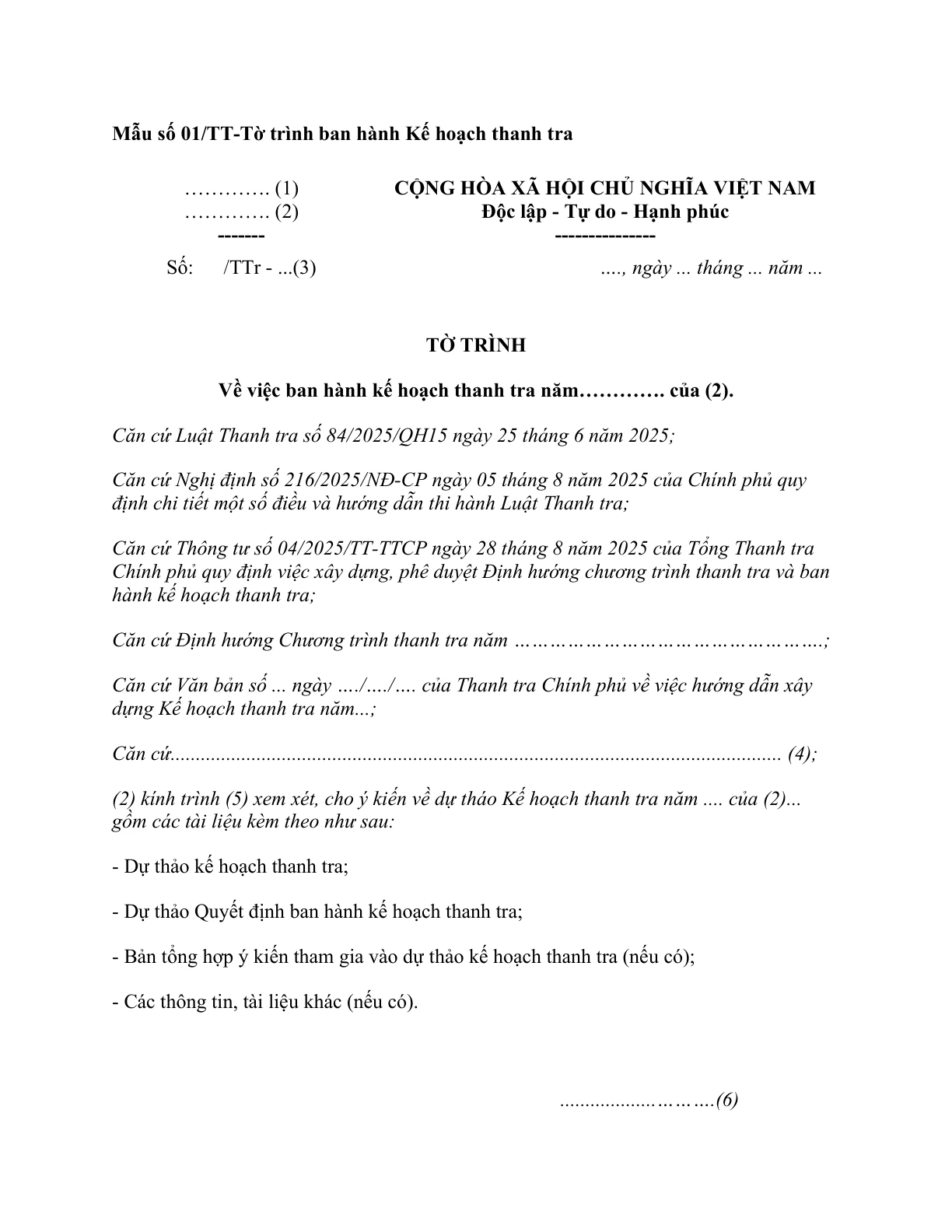 MẪU TỜ TRÌNH BAN HÀNH KẾ HOẠCH THANH TRA DO THANH TRA CHÍNH PHỦ BAN HÀNH