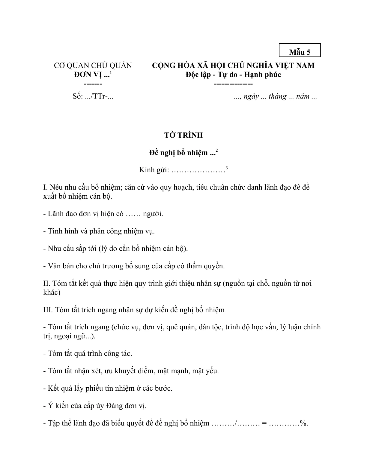 MẪU TỜ TRÌNH ĐỀ NGHỊ BỔ NHIỆM CHỨC DANH (TẠI CÁC CƠ QUAN, ĐƠN VỊ, DOANH NGHIỆP THUỘC, TRỰC THUỘC BỘ XÂY DỰNG)