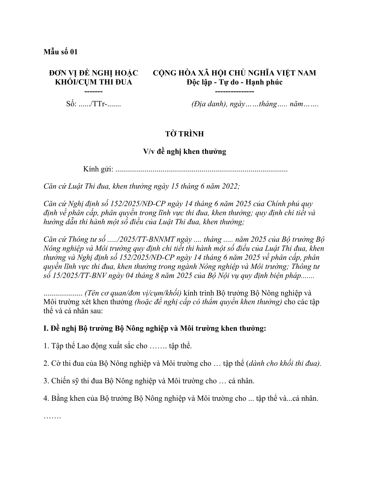 MẪU TỜ TRÌNH ĐỀ NGHỊ KHEN THƯỞNG CỦA BỘ NÔNG NGHIỆP VÀ MÔI TRƯỜNG