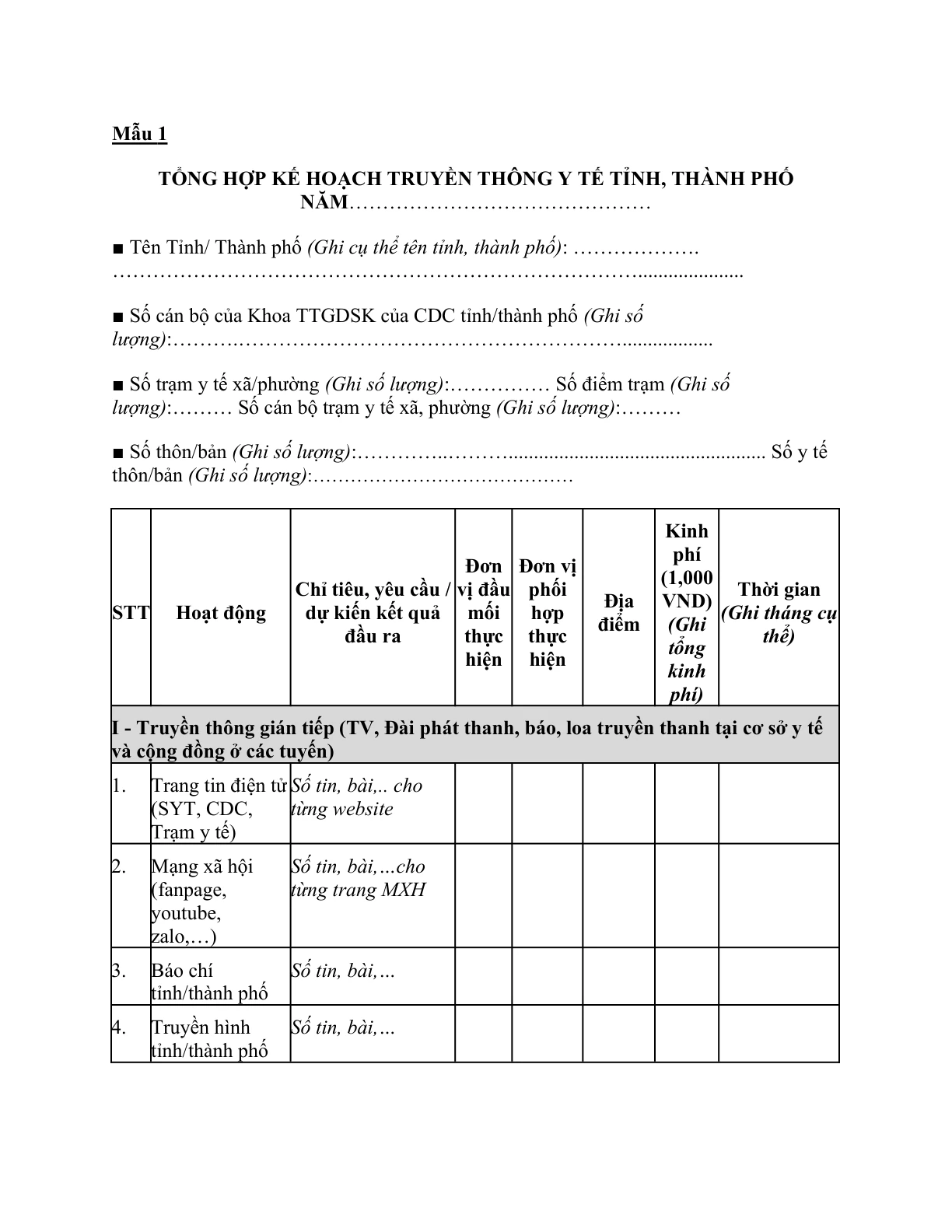 MẪU TỔNG HỢP KẾ HOẠCH TRUYỀN THÔNG Y TẾ TỈNH, THÀNH PHỐ