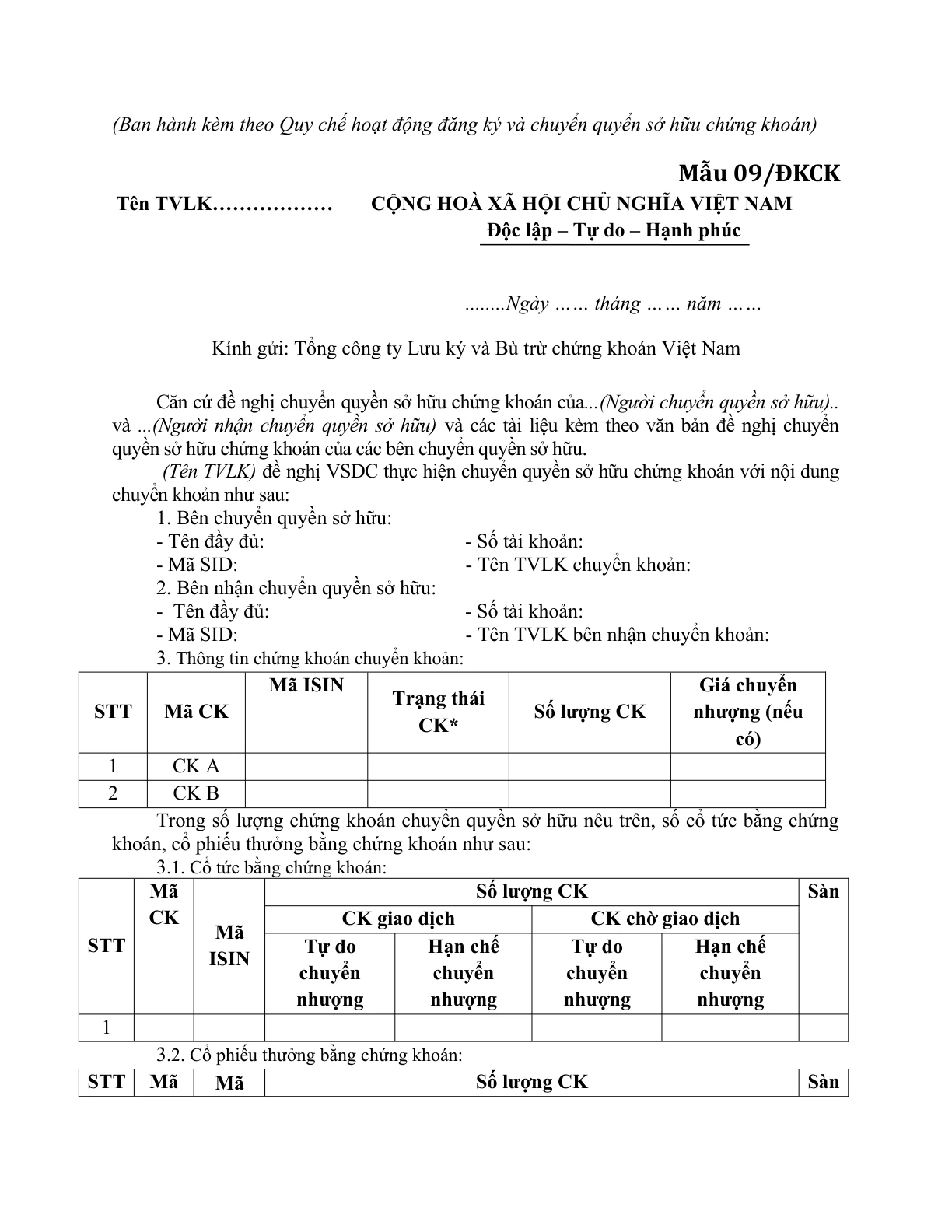 MẪU VĂN BẢN CỦA TVLK ĐỀ NGHỊ THỰC HIỆN CHUYỂN QUYỀN SỞ HỮU DO TỔNG CÔNG TY LƯU KÝ VÀ BÙ TRỪ CHỨNG KHOÁN VIỆT NAM BAN HÀNH