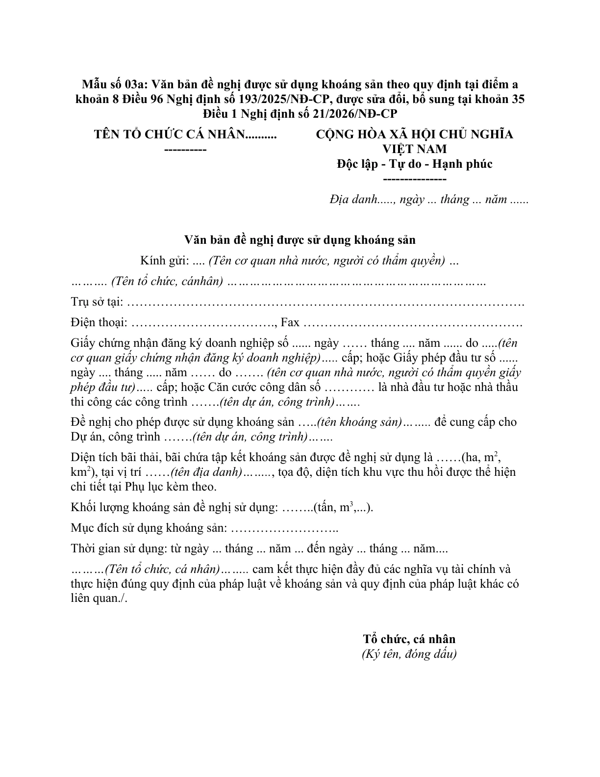 MẪU VĂN BẢN ĐỀ NGHỊ ĐƯỢC SỬ DỤNG KHOÁNG SẢN